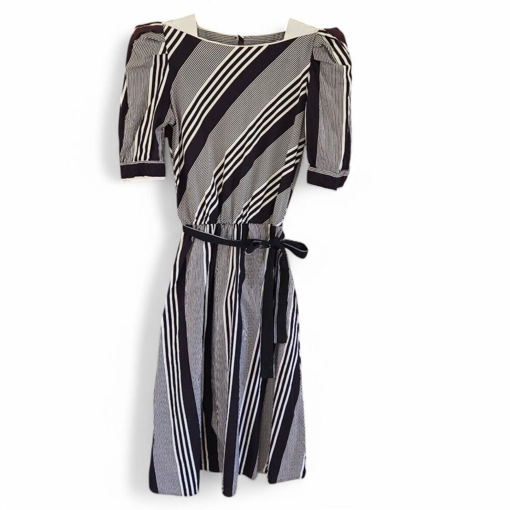 Vintage Brown & White Striped Midi Dress | Handmade 1980s Elastic Waist - Picture 4 of 16